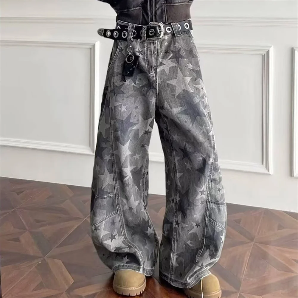 

Женские винтажные мешковатые джинсы со звездным принтом, уличная одежда, джинсовые брюки в стиле Харадзюку, американский ретро 2000-х годов, широкие брюки большого размера, одежда