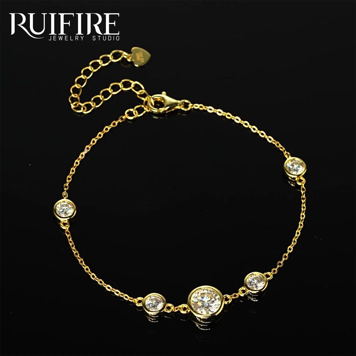 RUIFIRE 14K مطلية بالذهب 925 فضة مويسانيتي سوار متعدد قطع مستديرة سلسلة سوار قابل للتعديل مجوهرات الحفلات هدية GRA