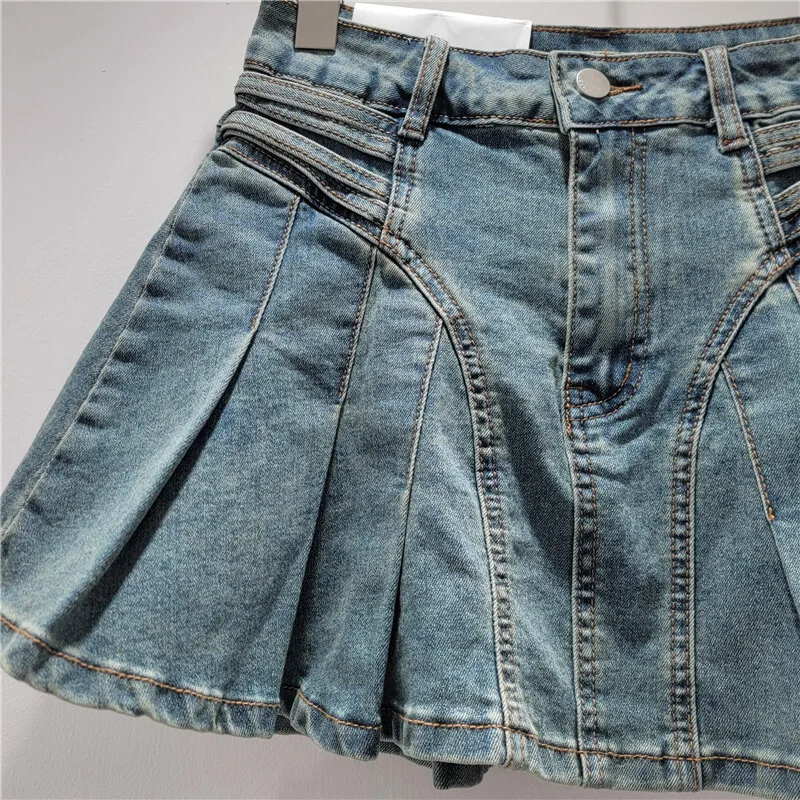 WTHT Nieuwe Mode vrouwen Doen Oude Wassen Denim Mini Rokken 2025, Lente Trendy Hoge Taille A-lijn Rok Vrouwelijke 1LS1229