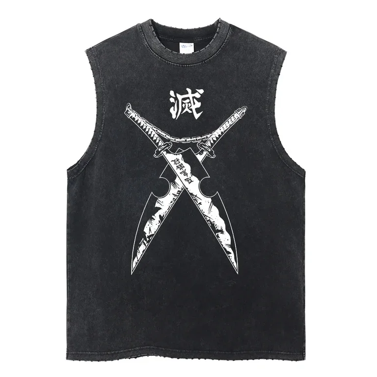 

Demon Slayer Japanese Anime Printed Washed Vest for Men and Women Retro Oversized Fashion Summer Tank Top Street Wear Unisex