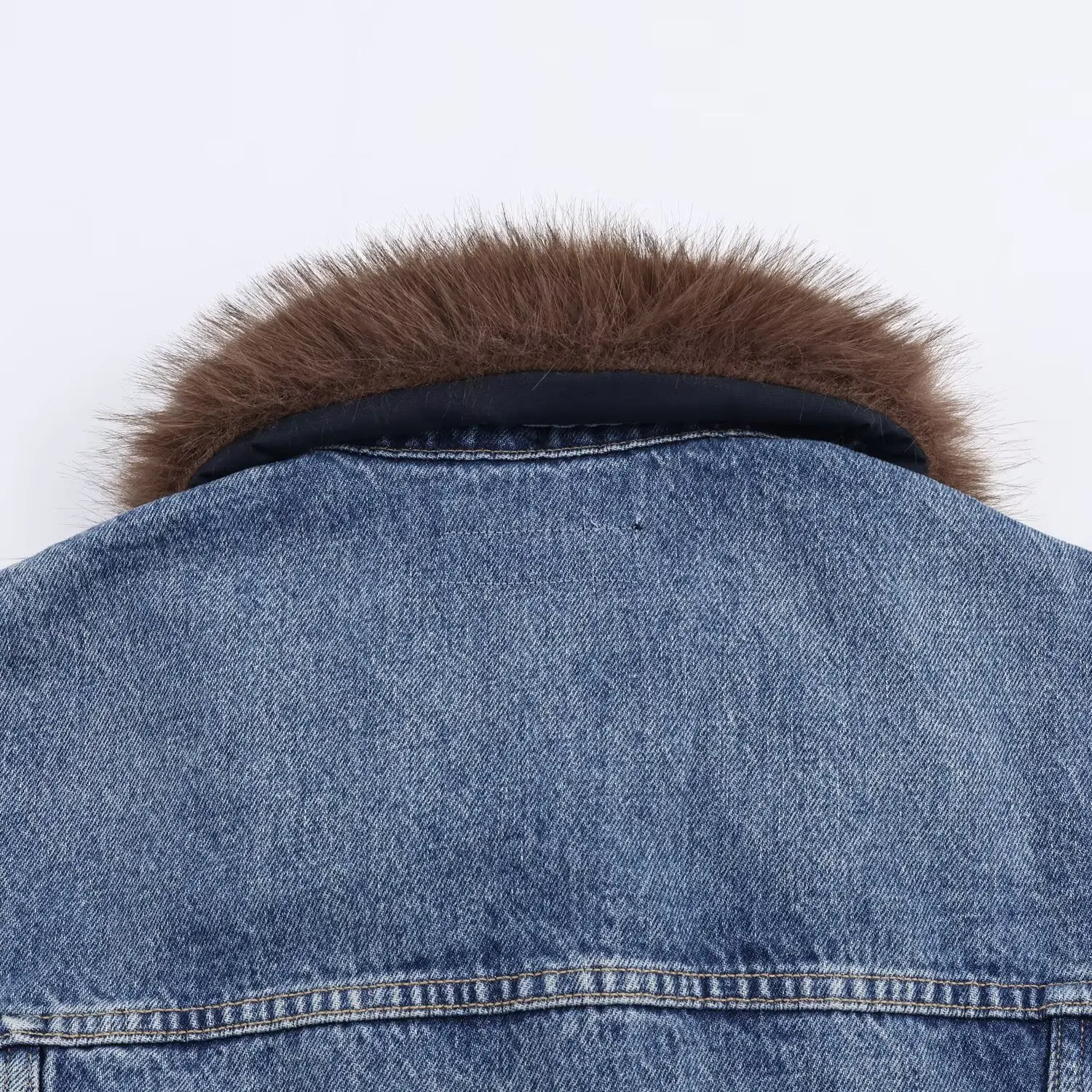 Jaqueta jeans azul feminina com gola de pele sintética marrom manga comprida casaco casual recortado 2025 coleção outono agasalhos femininos