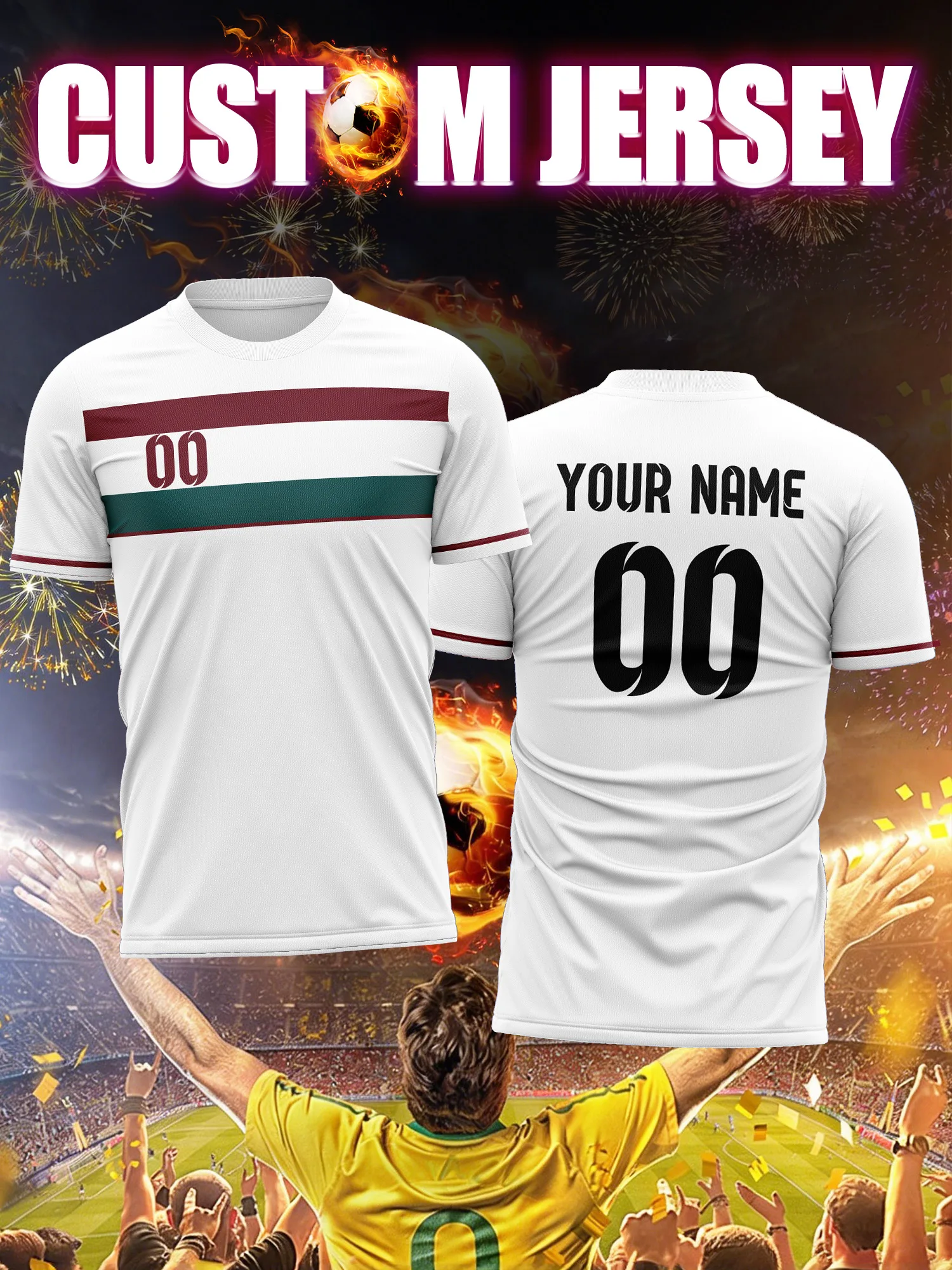 

Футбольная форма с индивидуальным изображением, номером и именем, плоский графический дизайн, минималистичный стиль, спортивная одежда для футбольной команды