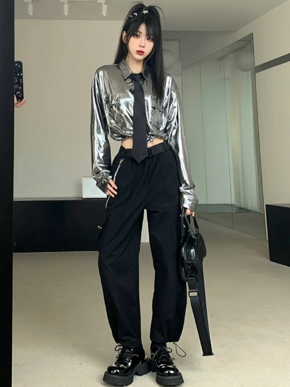 Modern Dance Practice Outfit Women's Hip Hop Performance Shirt Jacket Long Sleeve Waist-Cinching Workwear Pants Set
