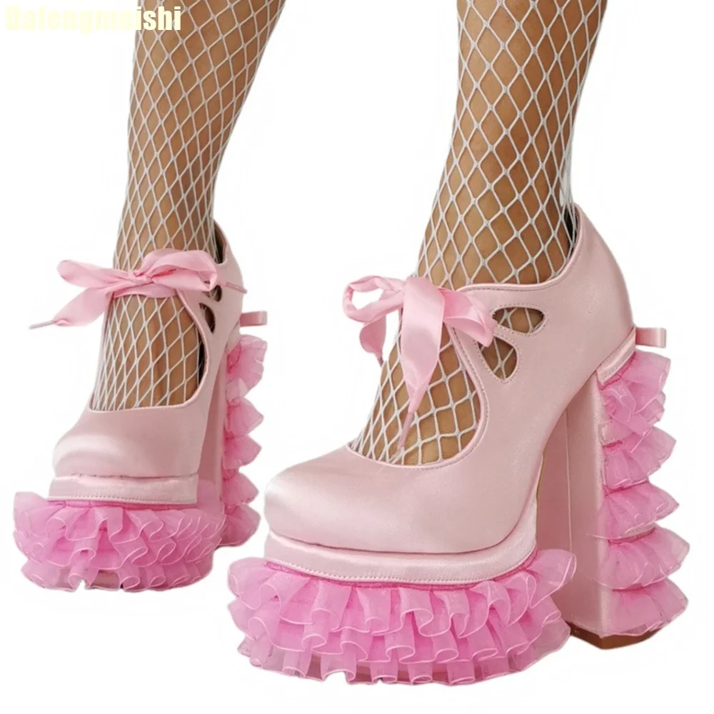 Pink Satin Lace Edge Platform Sandals Sweet Hot Girl Lolita Chunky Heel Shallow Pumps 2025 New Lace-Up Large Size 47 High Heels - Image 4