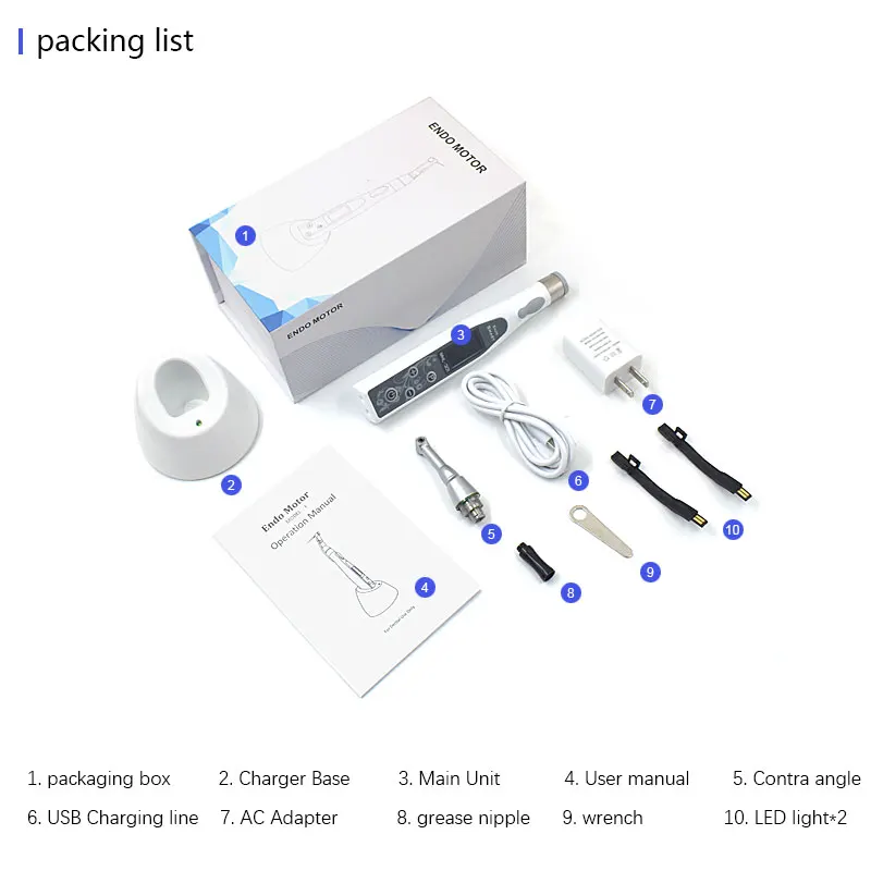 Dental Smart Endo Motor com LED, Endodontia Sem Fio, Programa 6, 9, Redução 16:1, Contra Ângulo, Instrumento Endomotor Dental