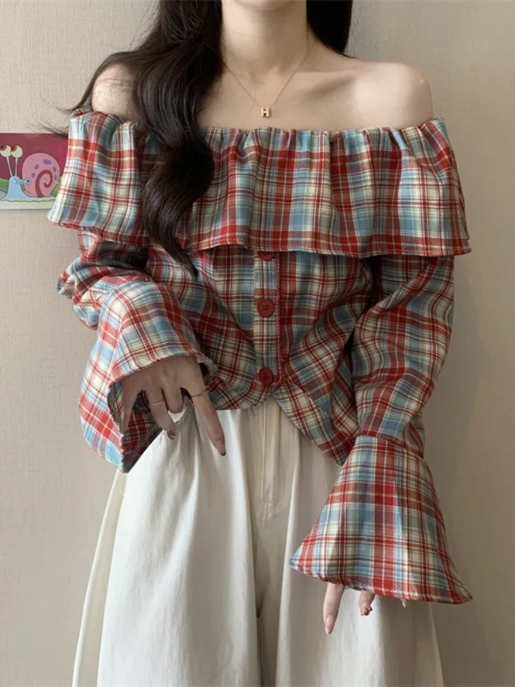

Dopamine Style Retro Plaid Shoulder Bared Women's Shirt Spring Fashion Short Waist Cinched Sweet And Spicy Wind Lace Trim Shirt