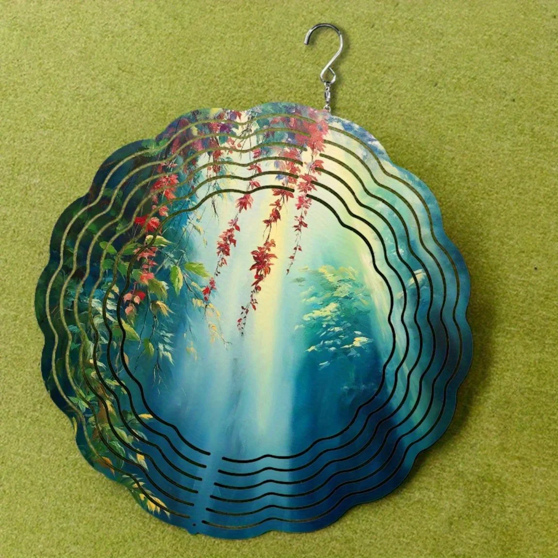 CIFBUY Handmade Metal Wind Chime Outdoor Garden Decor Rustproof Weatherproof Soothing Sound Red Flowers Green Leaves Patio Yard