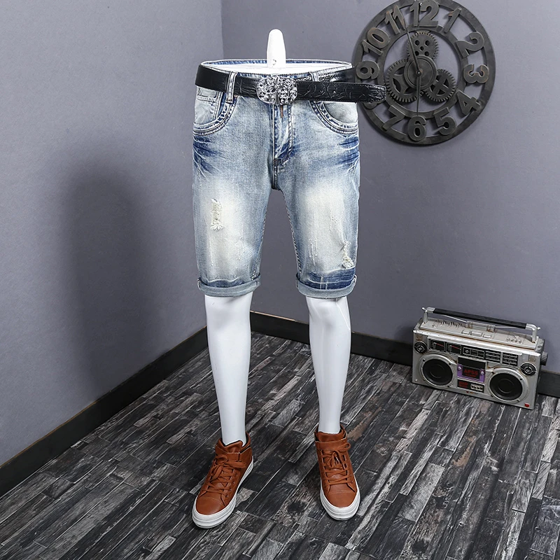 2024Summer New Ripped American Denim Shorts Men's Retro Light Blue Nostalgic Distressed Street Tide BrandinsPirate shorts
