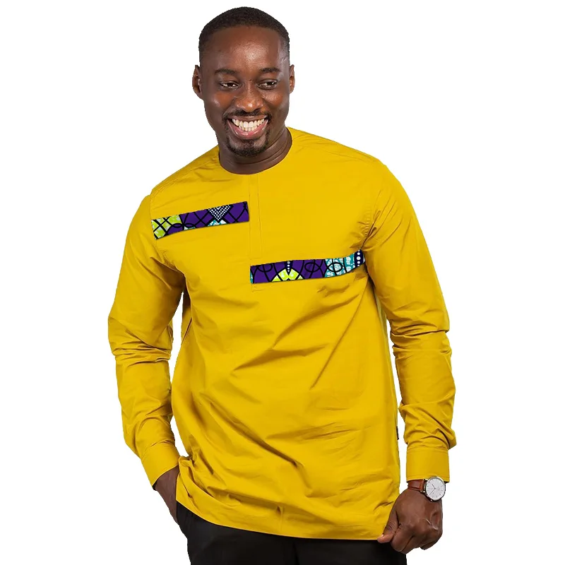 Nigerian Fashion Yellow Cotton Shirt Men O-Neck African Print Long Sleeve Patchwork Tops Slightly Elastic Male Wedding Clothes