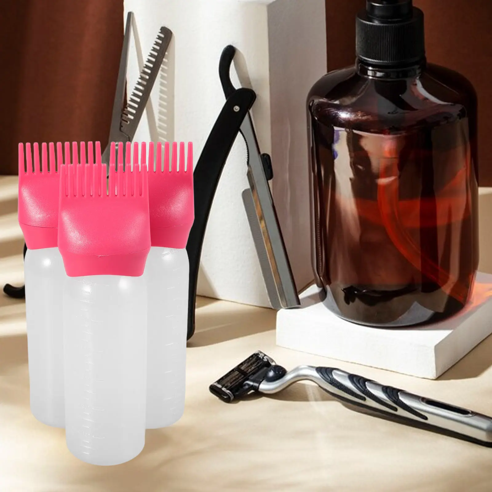 3Pcs Hair Dye Bottle Applicator with Comb Cap for Uniform Coloring Root Touch Up Perm Mix Oil Distribution Salon Grade Tool