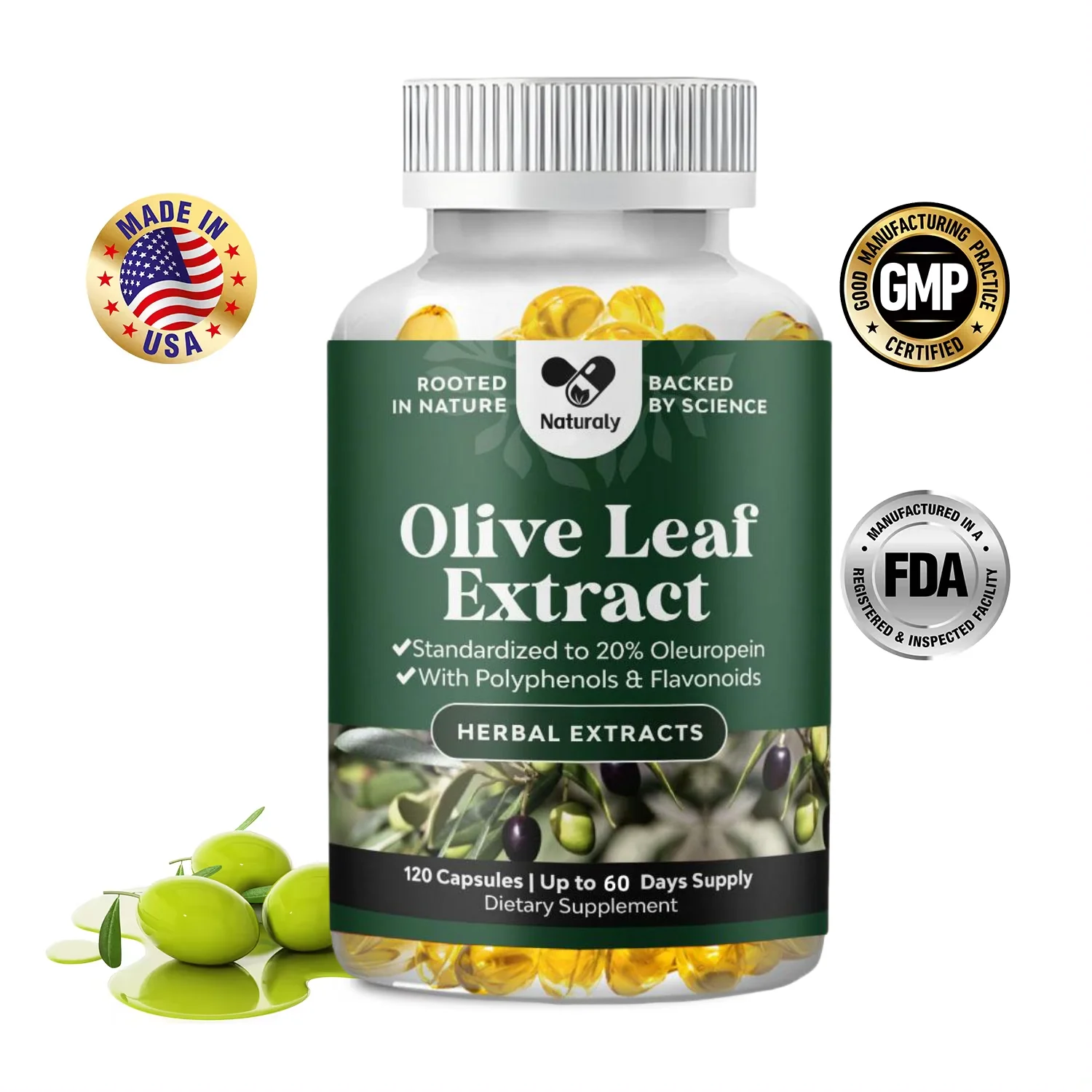 Powerful Olive Leaf Extract Capsules - High strength antioxidant supplement, containing pure olive leaves and 20% olivine - Herb