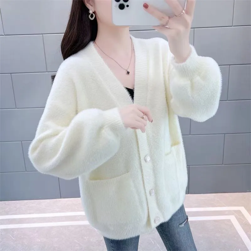 

Ladies Knitted Cardigan Mink Velvet Sweater Spring Autumn New Fashion V-Neck Long Sleeves Pocket Knitwear Clothes Women T1370