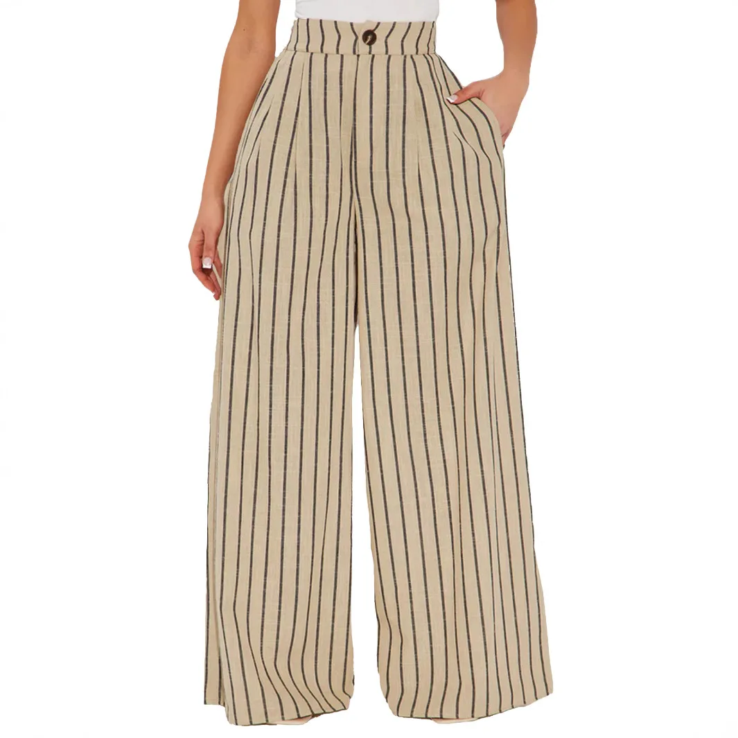

Women's Loose Cotton Linen Stripe Casual Pants Faionable Waist-Cinching Wide Leg Cross-Border Fem Clothing