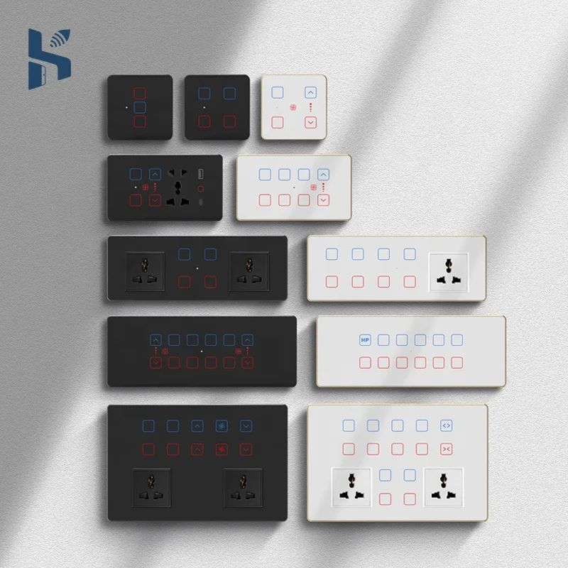 

Smart Switch and Socket Combination Panel Tuya Smart WiFi Glass Touch Light+Curtains+Dimming+Fan Switch