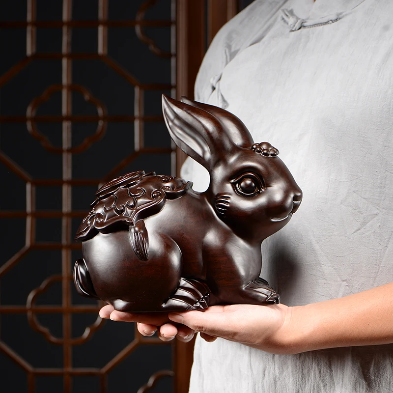 Wood Carving Ornaments Rabbit Simulation Animal Sculpture Embossed Wooden Handicraft Ornament Home Decoration Figures