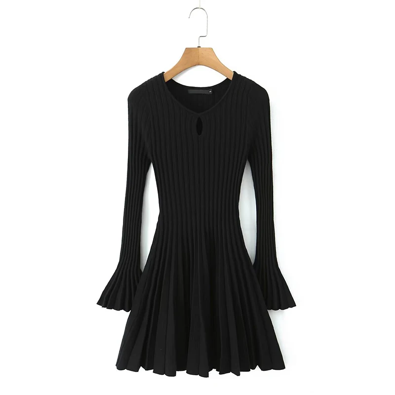 

YENKYE 2025 Women French Style Flare Sleeve Knit Dresses Lace Up O Neck Pleated Mini Dress Casual Autumn Robe