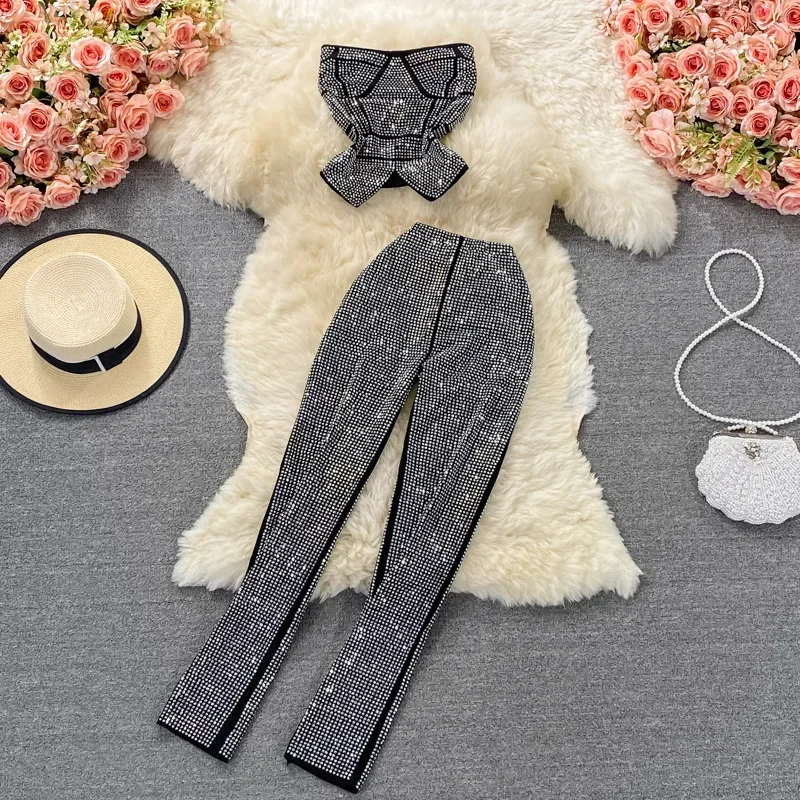 

Sexy Women Black/White Diamonds Two Piece Set Party Slash Neck Off Shoulder Camis Tops + High Waist Pants Female Suit Autumn New