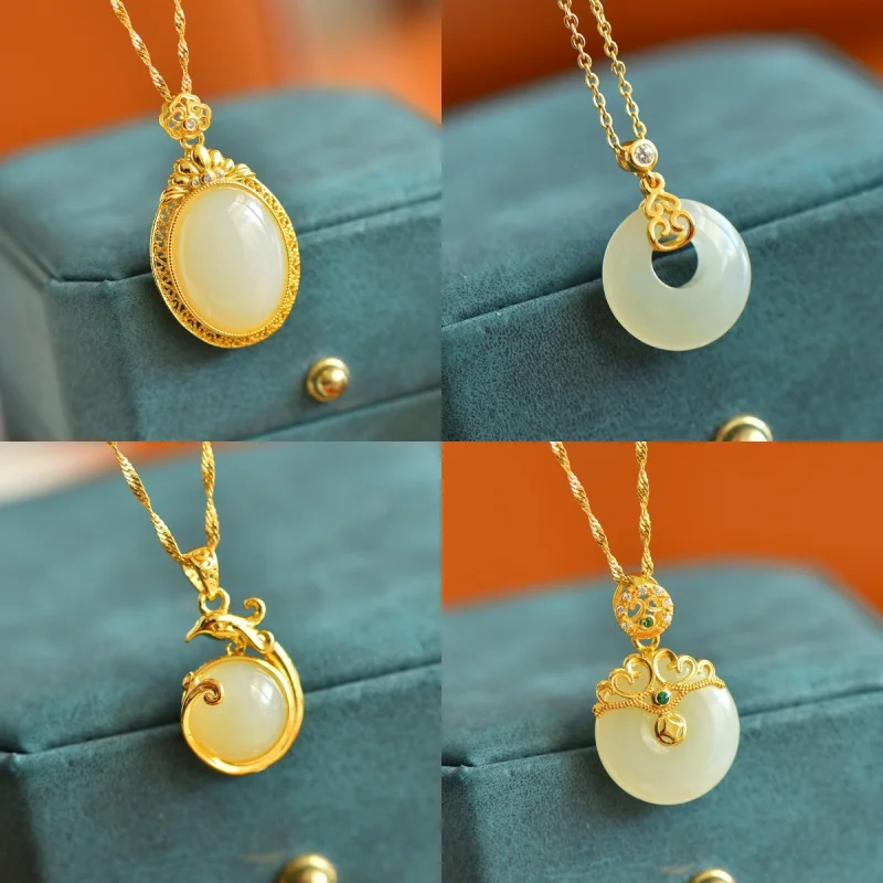 

Natural Hetian S925 Sterling Silver Inlaid White Jade Round Cabochon Pendant