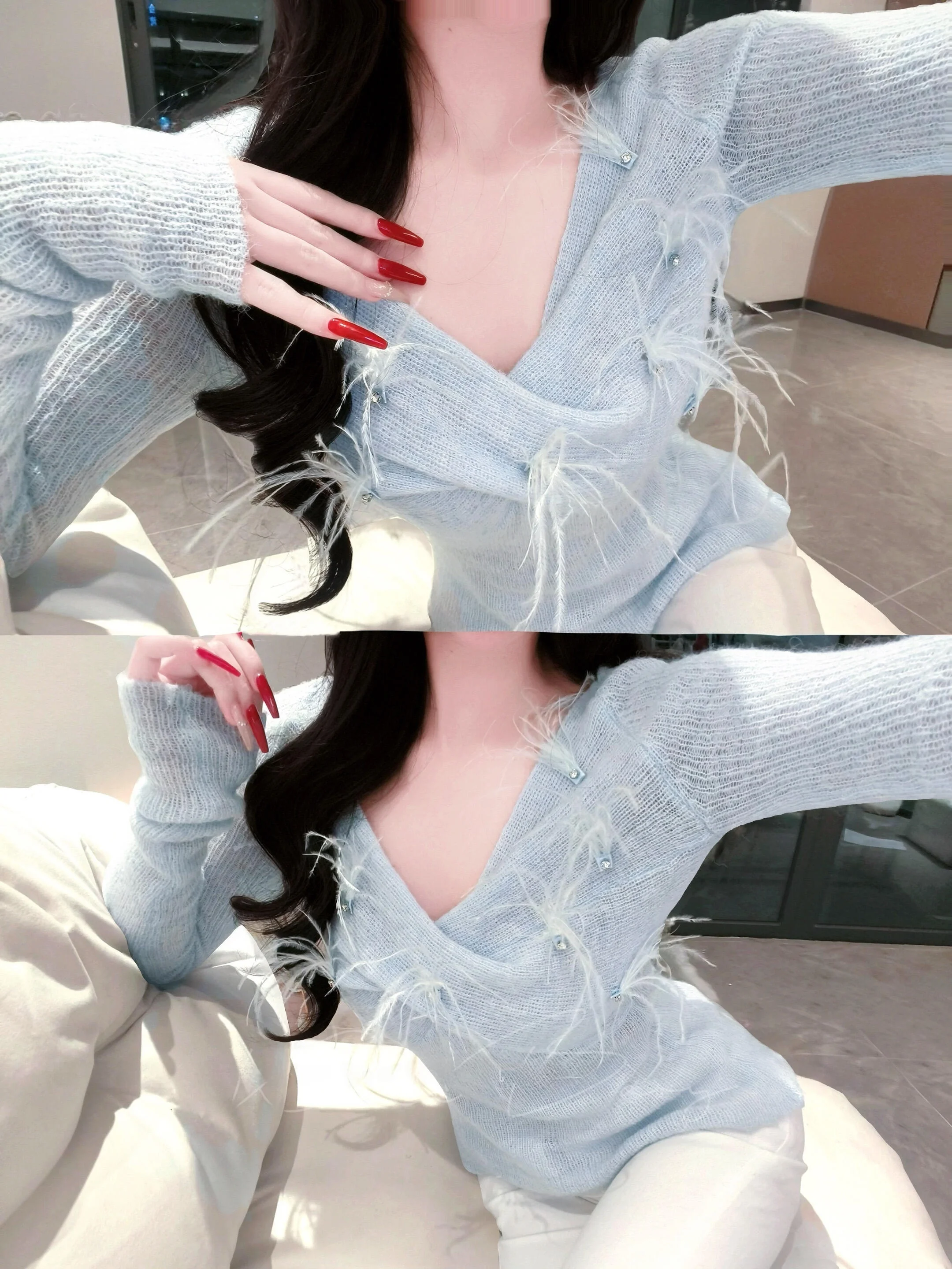 

Корейский вязаный топ с длинным рукавом и V-образным вырезом для женщин, облегающий, базовый слой, с красивым перьевым декором, премиум-качество