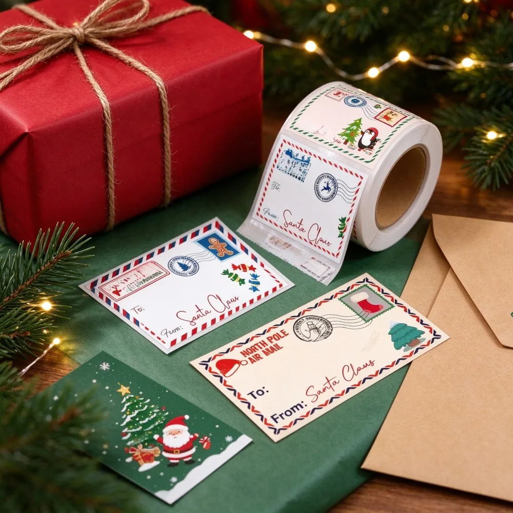 Christmas Decorative Stickers for Present Wrapping with Santa and Reindeer Motifs for Holiday Mailers Boxes and Bags