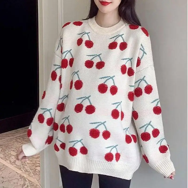 Cherry Print Harajuku Red Sweater Women Autumn Winter Clothes Foreign Style Casual Streetwear Pullover Top