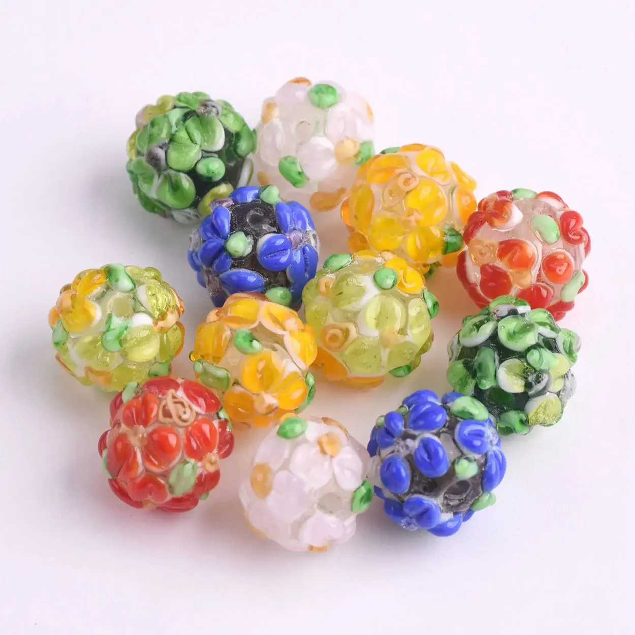 5pcs 12mm Round Charms Flower Petals Handmade Lampwork Glass Loose Beads for Jewelry Making DIY Crafts Findings