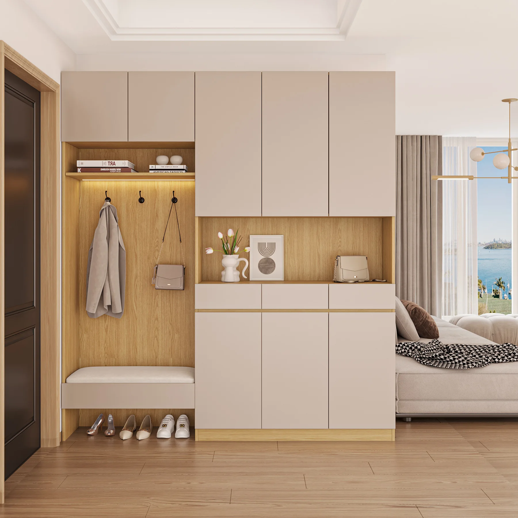 Raised shoe cabinet at the entrance for home use, extra-large capacity integrated wall-mounted storage