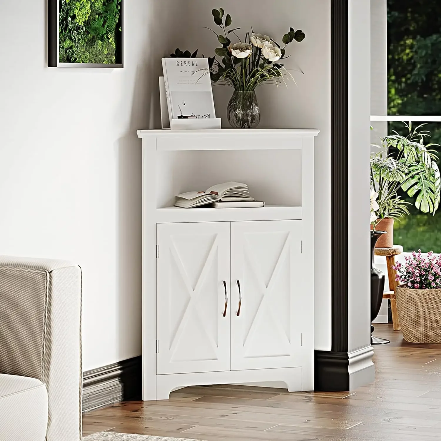 Corner Storage Cabinet, Small Corner Cabinet with Barn Door Design and Adjustable Shelf, Home Space Saver for Living Room