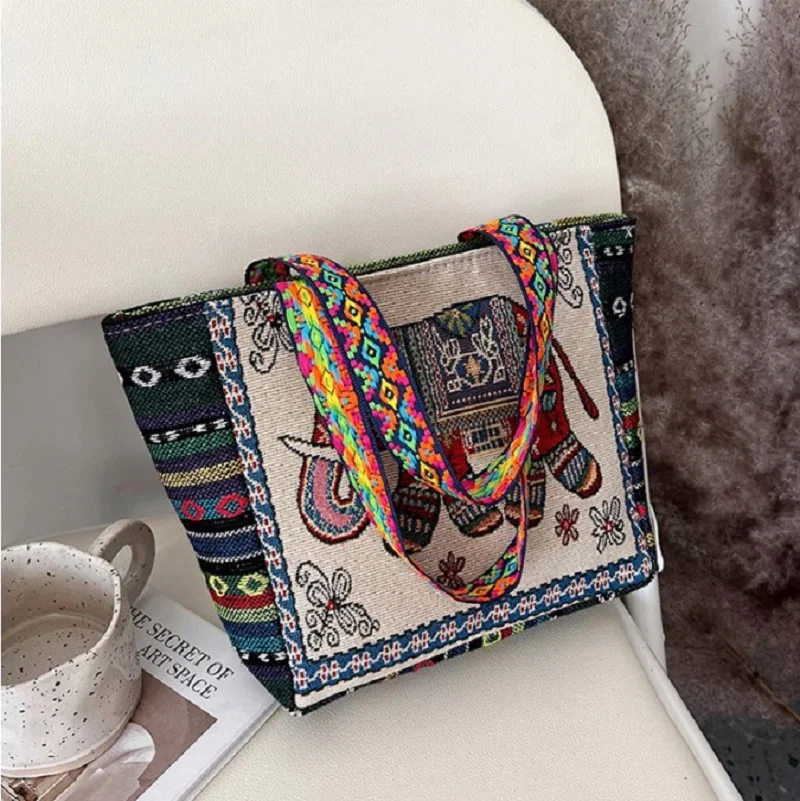 Retro Ethnic Style Women Tote Bag Owl Elephant Pattern Linen Boho Fashion Handmade Handbags Travel Beach Bag Casual Shopping Bag