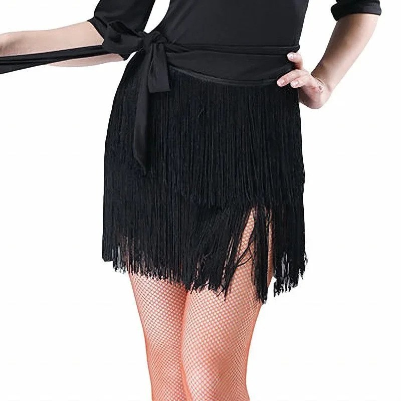 Jupe de danse ligne latine, Sexy, asymétrique, pompon, tissu tricoté solide, Mini jupe portefeuille, détail pour fête, carnaval, vêtements de danse