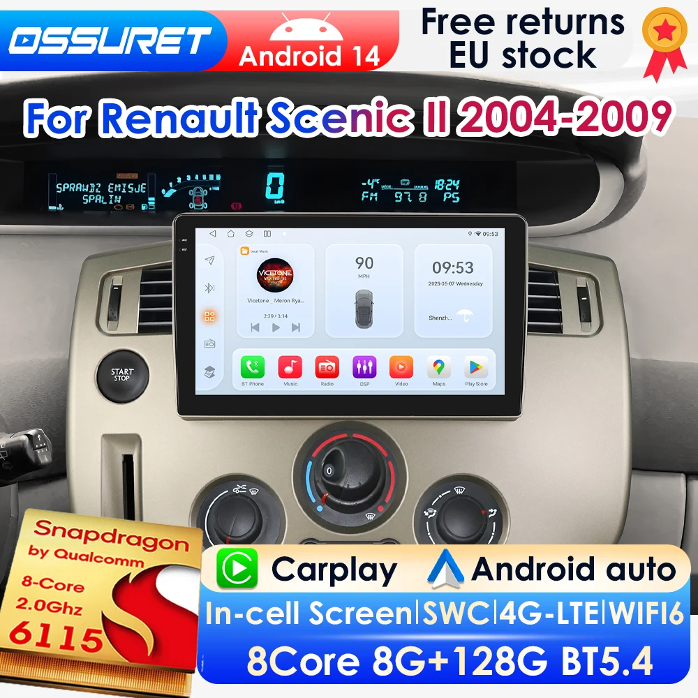 2Din Android Autoradio für Renault ScenicⅡ2004-2009 Auto-Multimedia-Player GPS Wireless Carplay Android Auto 4G DSP SWC 360Kamera 6115