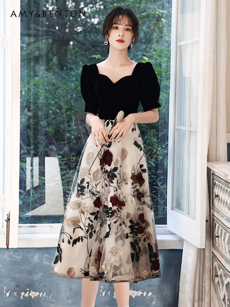 

French Style Short Sleeve V-Neck Waist-Cinching Floral Print Dress for Birthday Party Annual Meeting Coming-of-Age Ceremony