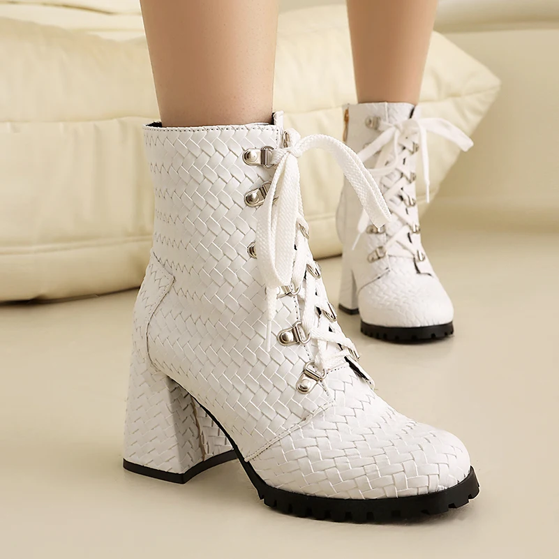 

Плюс размер, тканые стильные ботинки из микрофибры с верхом и перекрестными завязками, короткие ботинки на боковой молнии, осенние ботильоны на коническом толстом каблуке