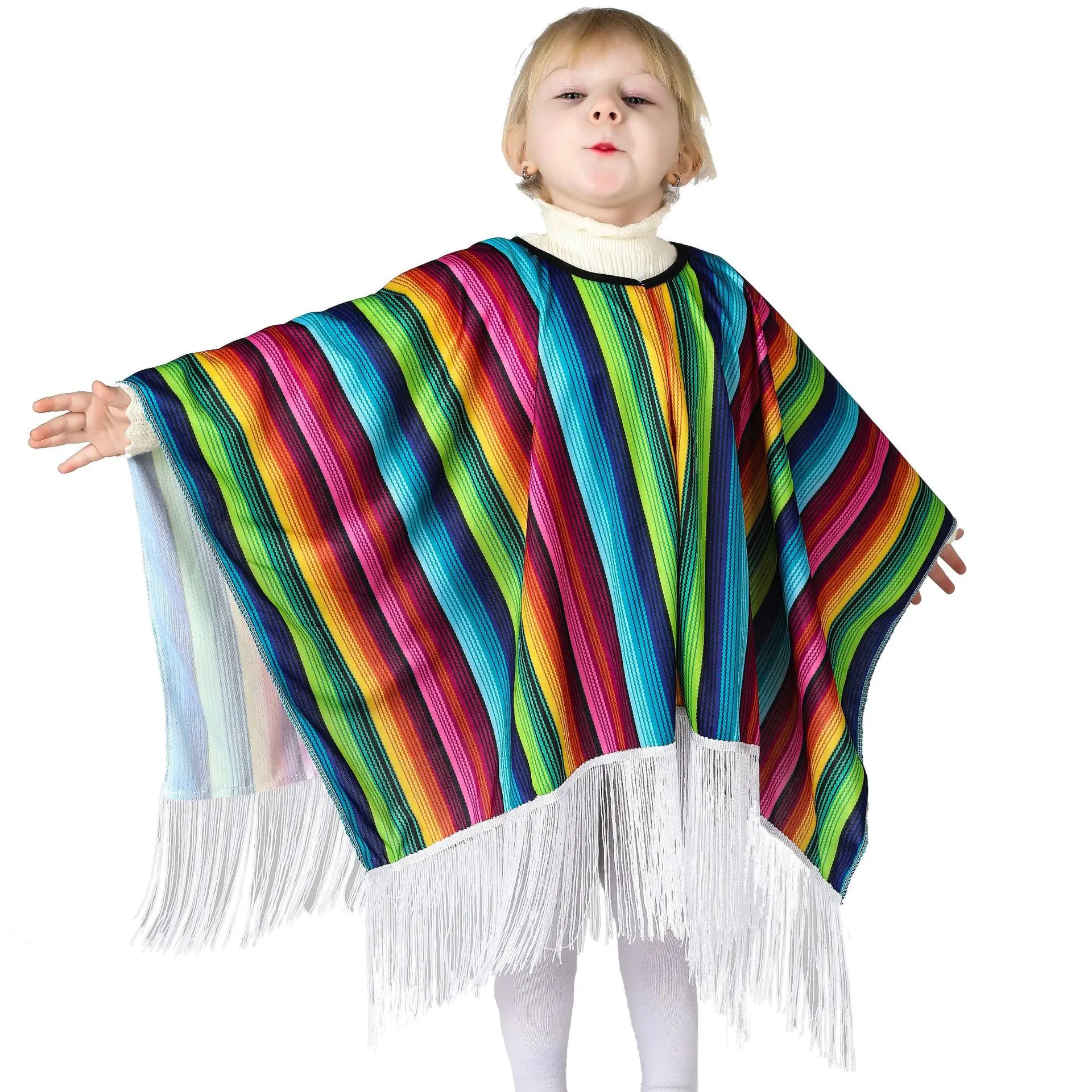 Mexican Folk Poncho Children's Rainbow Stripe Costume Cosplay Festival Party Adult Mexican Ethnic Tassels Cape Boy Girl