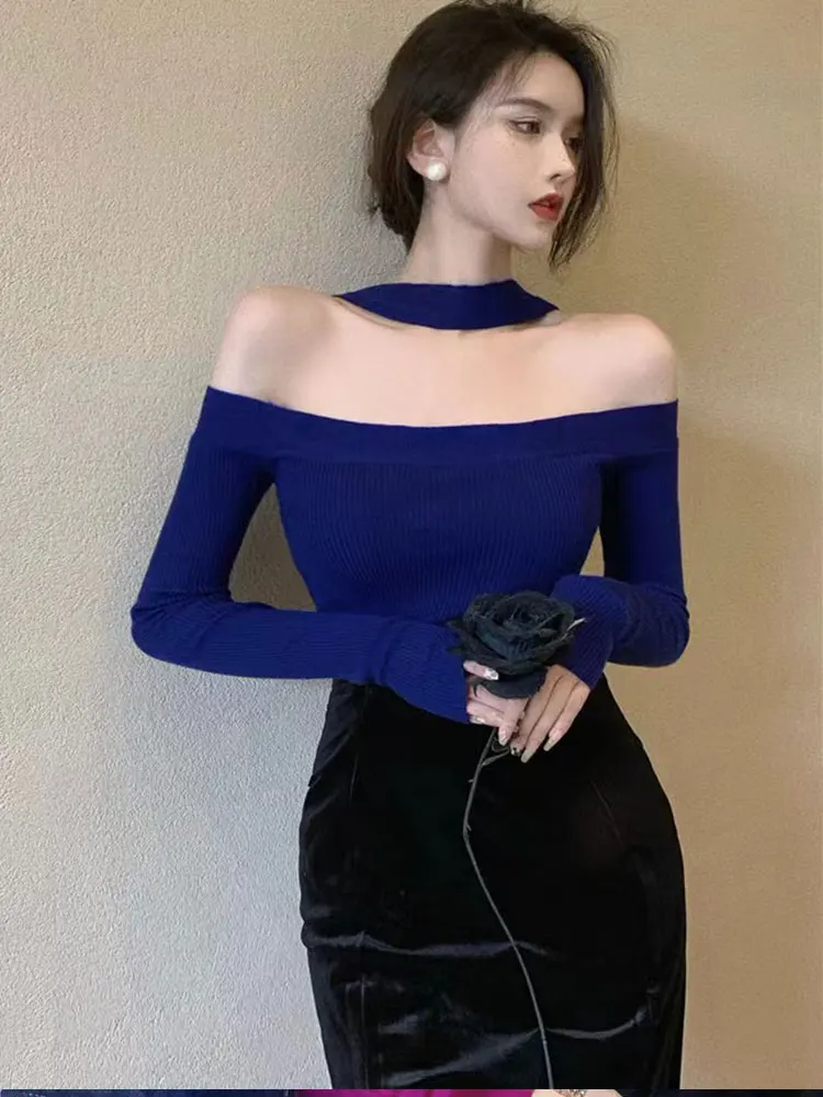 Sweater Women Sexy Slim Long Sleeve Top Pull Femme Autumn Knit Halter Cropped Sweaters Korean Pullover Womens Clothing Jumper