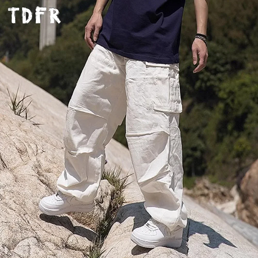 Pocket Cargo Pants Mens Solid Color Casual Safari Style Drawstring Wide Leg Dungarees Men Trousers