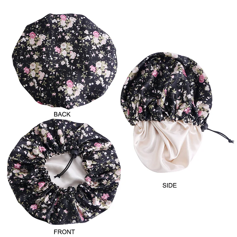 Double Layer Satin Silk Sleep Bonnet for Kids Hair Protect Hair Scarf Floral Sleep Night Cap Beanie for Children Girls Boys Hat