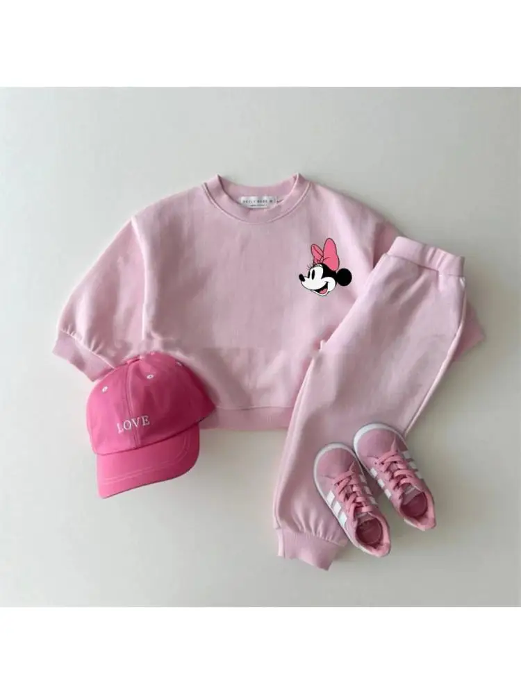 Vêtements Disney rose jaune pour filles, sweat-shirt mignon pour bébé, pantalon de couleur unie, ensemble 2 pièces, sweat à capuche + pantalon à col rond, à la mode