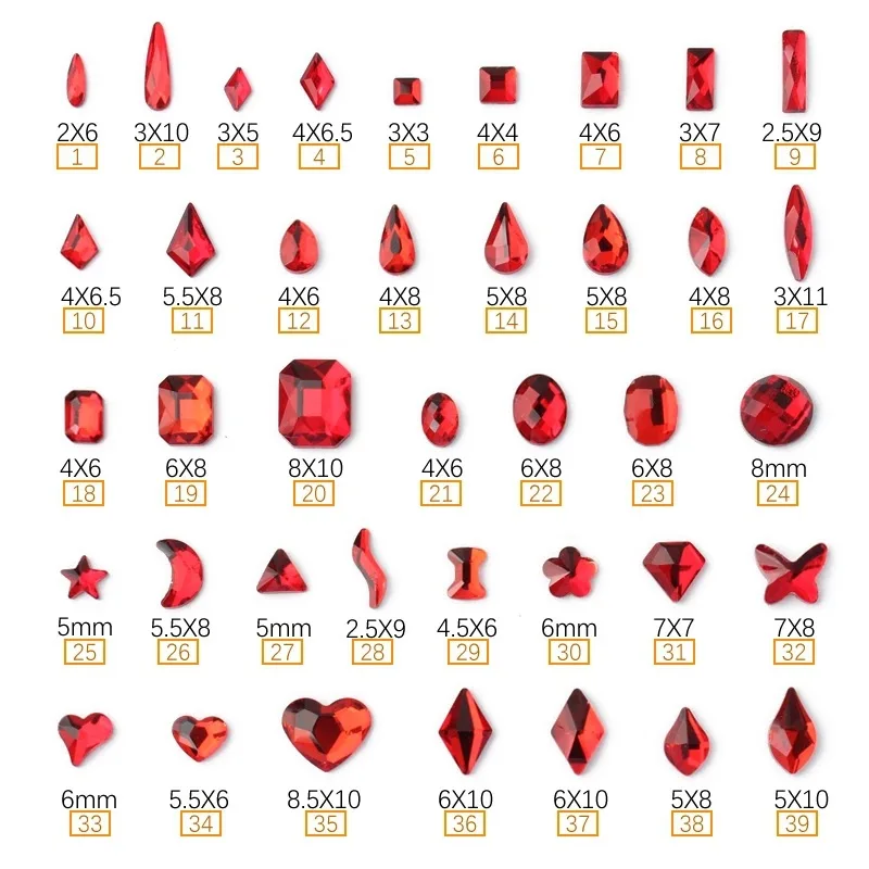wholesale Red Saim Multiple shapes Flat Back Nail Rhinestone  Special Shaped Crystals Art Stones 3D Personalized Decoration