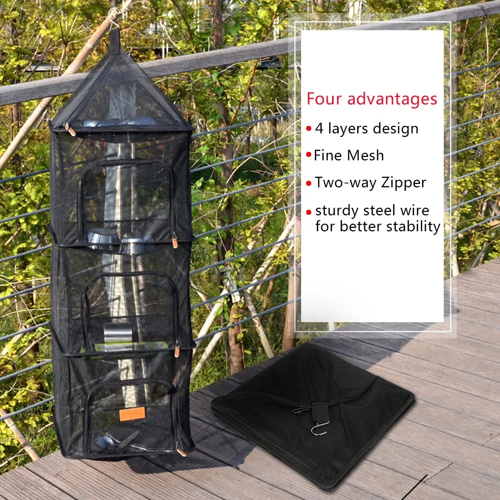 Foldable 4 Layers Hanging Shelves Dry Rack Net Zipper Opening Mesh Netting Outdoor