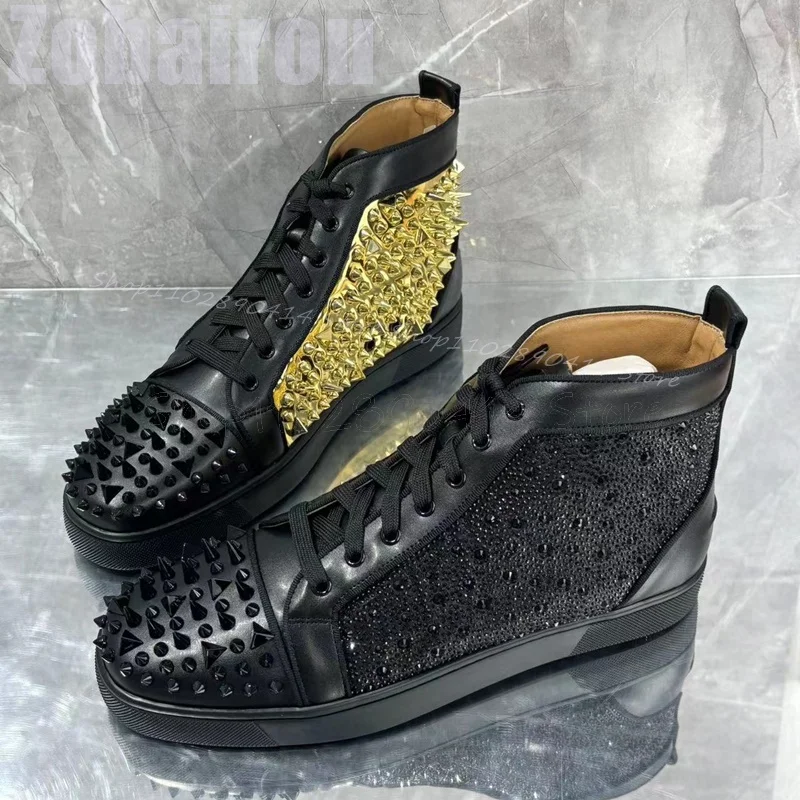 Spikes Rhinestone Decor Mixed Color High Top Men Sneakers Fashion Lace Up Men Shoes Luxury Handmade Party Feast Men Casual Shoes