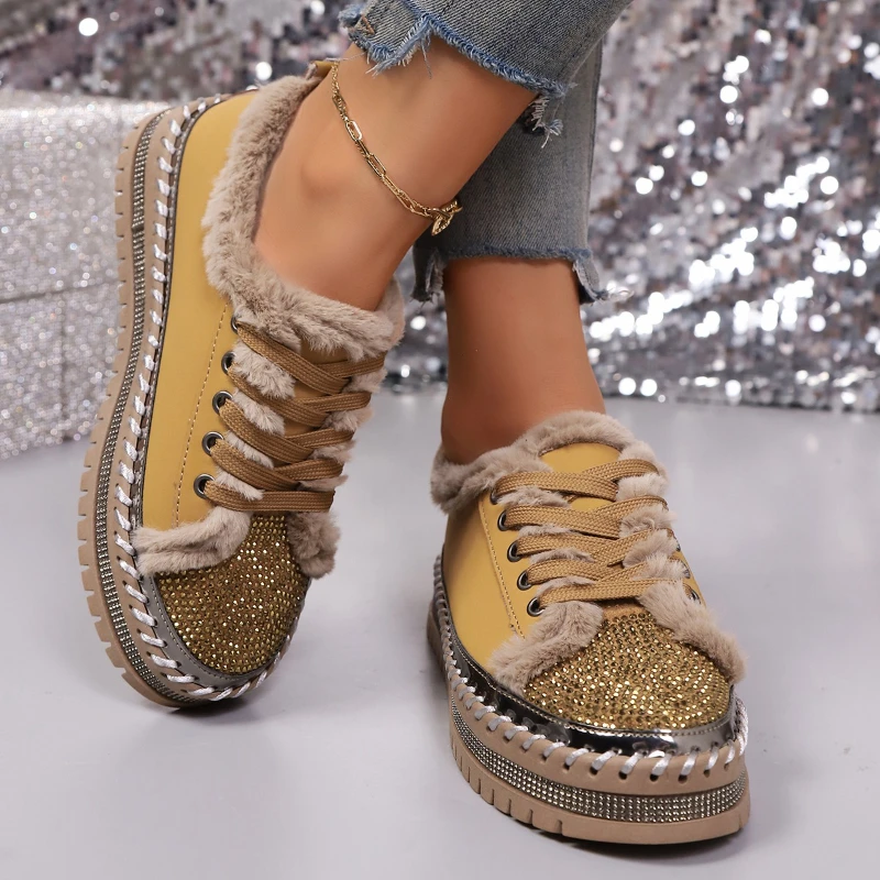 

Thick-soled Round-toe Lace-up Rhinestone and Fleece Fashionable, Versatile, Comfortable, Anti-slip and Breathable Women's Shoes