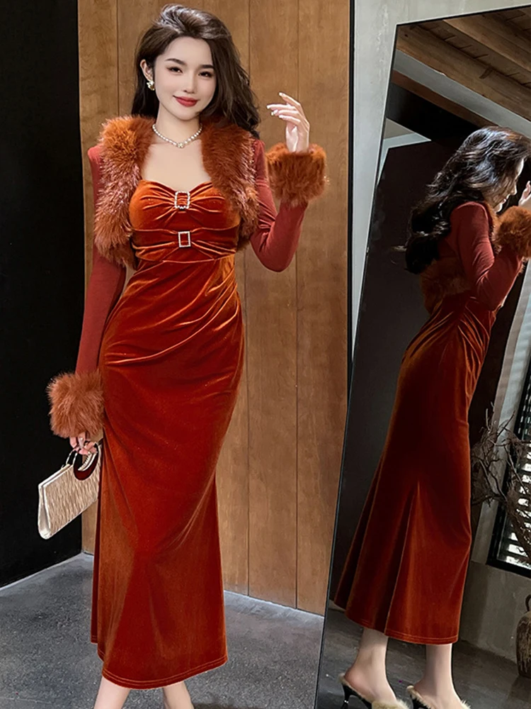 Eleganckie Sukienki na Imprezę w Stylu Retro Damskie Aksamitne Seksowne Sukienki na Ramiączkach z Kokardą Bez Pleców Kopertowe z Odkrytymi Biodrami Rybka Suknia Balowa Bankietowa Vestidos Mujer