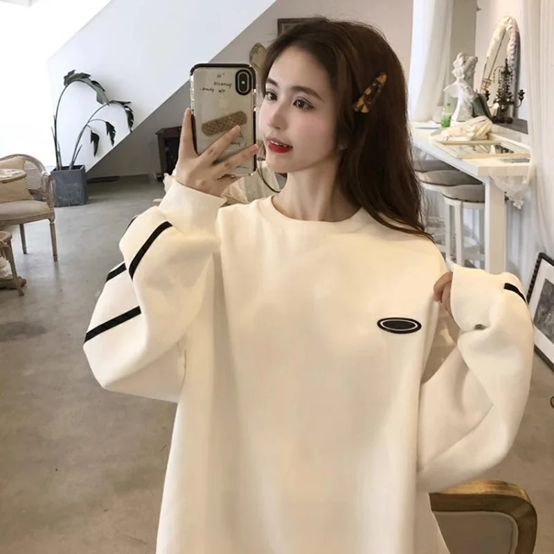 

Зимняя женская толстовка оверсайз из флиса с круглым вырезом и длинными рукавами, белая, удобная, из мягкого материала, модная уличная одежда