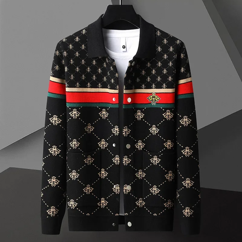 New Fall Winter Luxury Bee Embroidery Cardigan Men Korean Slim Men's Sweater Soft Warm Wool Mens Cardigans Handsome Male Jackets