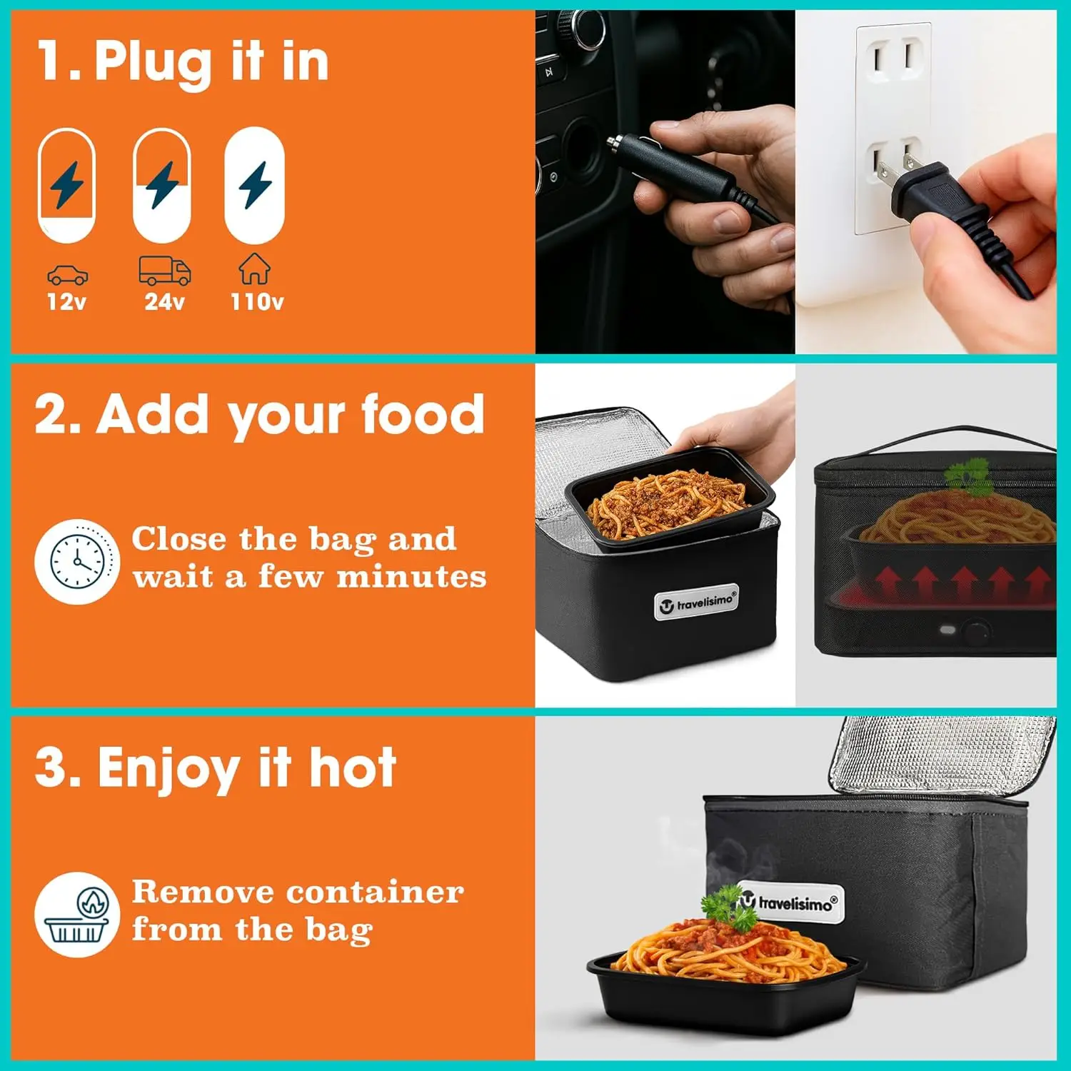 سخان طعام محمول 3 في 1: ميكروويف 12 فولت/24 فولت/110 فولت للسيارة والعمل والاستخدام المنزلي #3