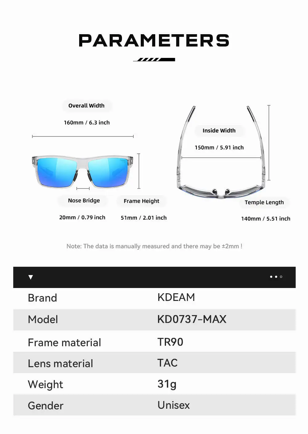 KDEAM Übergroße Herren-Sonnenbrille, polarisiert, TR90, große Sonnenbrille, Breite 160 mm, Schutzhülle im Lieferumfang enthalten, KD0737 MAX – Detail 10