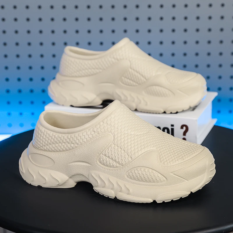 Zapatillas de malla beige para hombre, estilo mule, sin cordones, transpirables, con suela gruesa, para uso diario informal y al aire libre