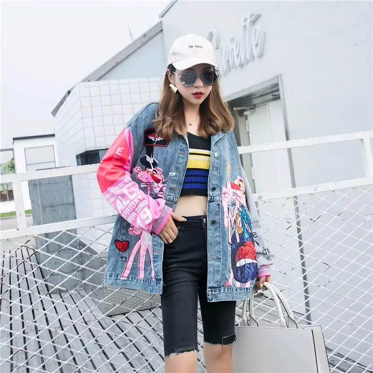 Denim Jackets Women Cartoon Sequins Appliques Jeans Jacket Women Patchwork Spliced Pink Sleeve Print Coat For Young Ladies NZ300