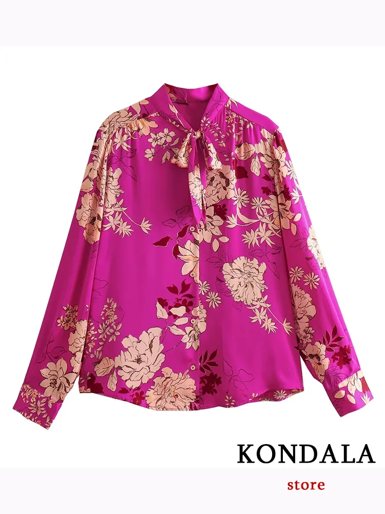 KONDALA Vintage Flower Print Women Blouse Long Sleeve Bow Rosered Loose Blouse Fashion 2023 Autumn Shirts Boho Women Tops